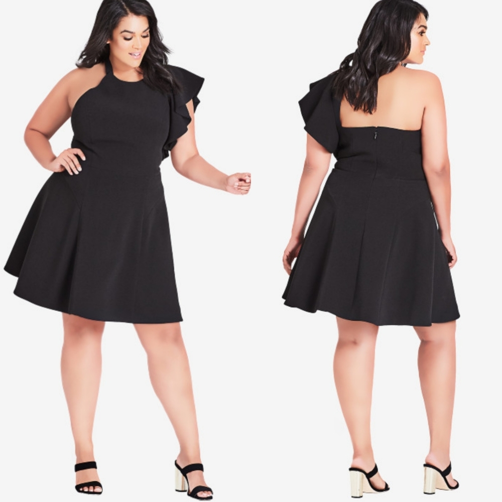 One-Shoulder Ruffle Fit & Flare Dress - Black